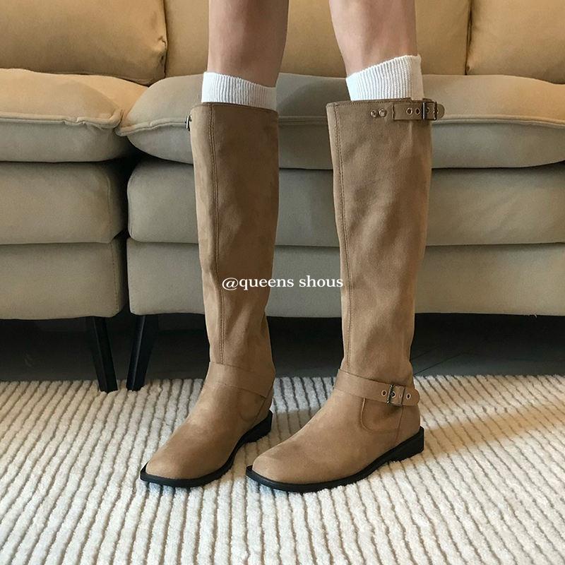 Giày Bốt Cao Bồi Cổ Cao Qua Gối Mũi Vuông Đế Dày Màu Nâu Phong Cách Cao Bồi Phương Tây Cho Nam