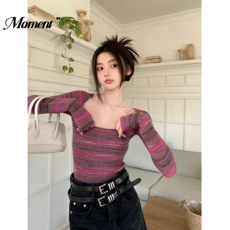 Áo sweater Cổ Vuông Tay Dài Họa Tiết Kẻ Sọc Màu Sắc Tương Phản Thời Trang Mùa Thu 2023 Phong Cách Mới