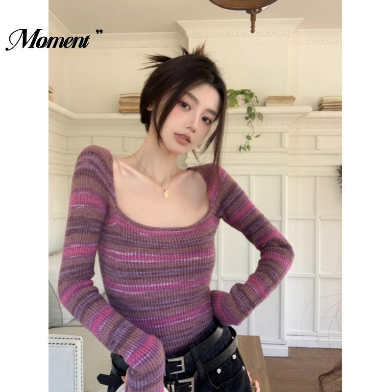 Áo sweater Cổ Vuông Tay Dài Họa Tiết Kẻ Sọc Màu Sắc Tương Phản Thời Trang Mùa Thu 2023 Phong Cách Mới