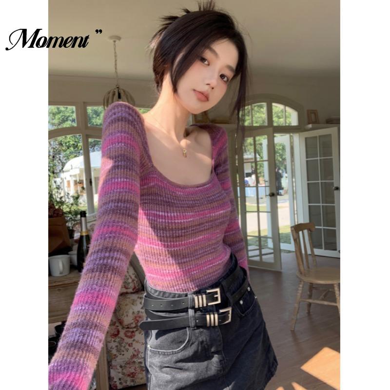 Áo sweater Cổ Vuông Tay Dài Họa Tiết Kẻ Sọc Màu Sắc Tương Phản Thời Trang Mùa Thu 2023 Phong Cách Mới