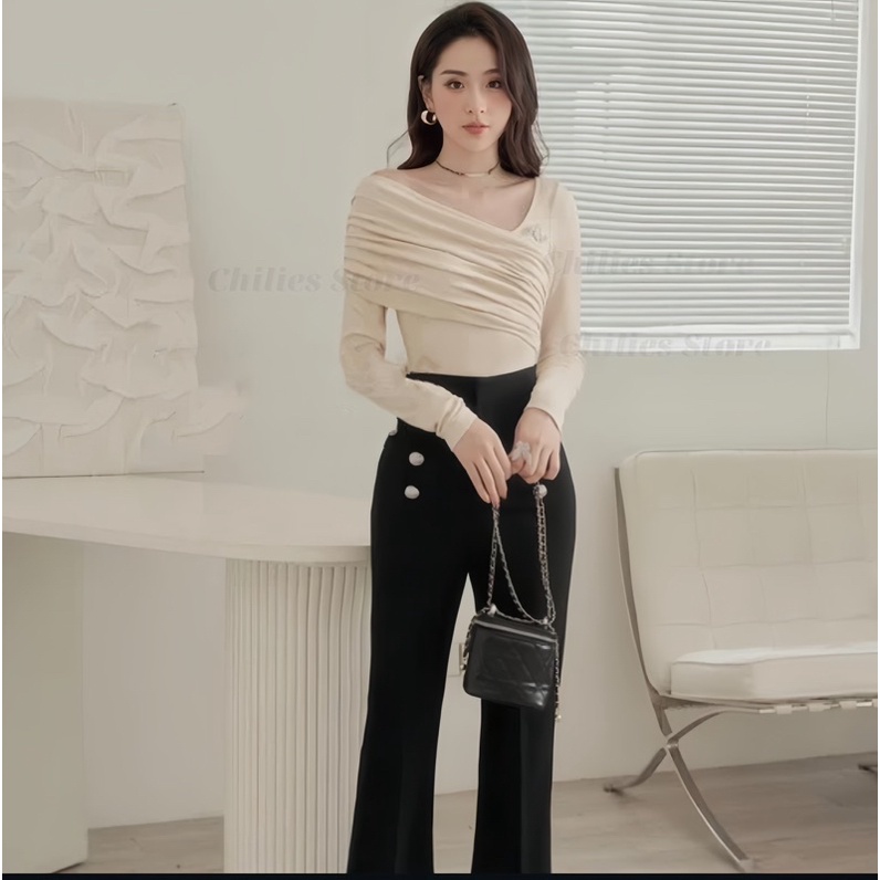 Áo Lệch Vai Chất Tăm Lạnh Vai Xếp Ly Chéo Vạt Lệch Thời Kèm Video Thật