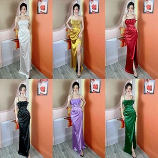 Đầm dạ hội maxi hai dây phi lụa kết ngọc eo tặng kèm hoa tai thời trang