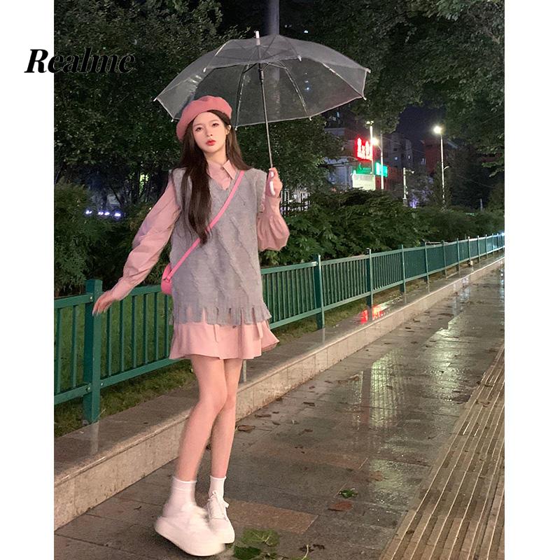 Bộ Đầm Hai Mảnh Áo Sơ Mi Màu Hồng Matcha Xám Kim Cương Phong Cách Mùa Thu