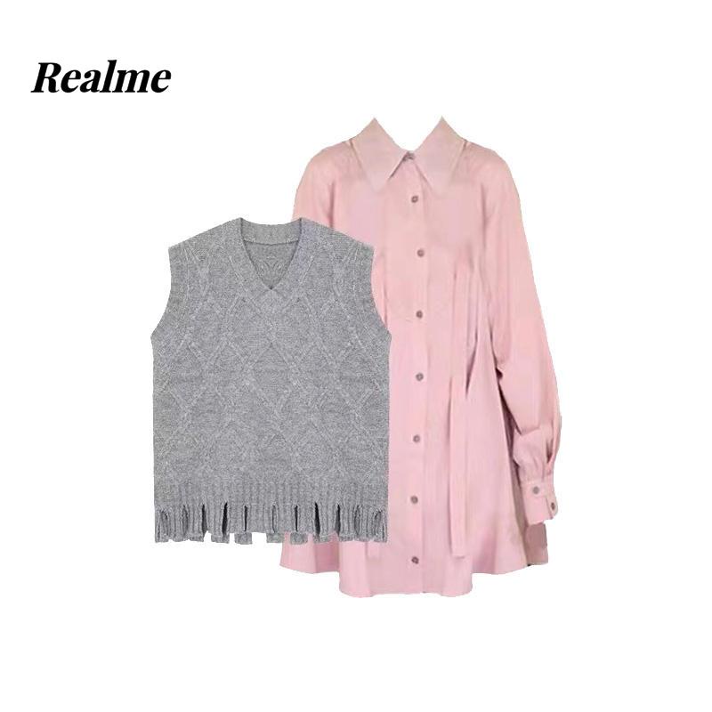 Bộ Đầm Hai Mảnh Áo Sơ Mi Màu Hồng Matcha Xám Kim Cương Phong Cách Mùa Thu