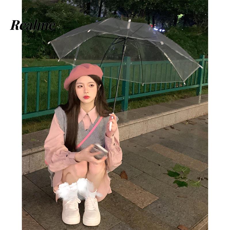 Bộ Đầm Hai Mảnh Áo Sơ Mi Màu Hồng Matcha Xám Kim Cương Phong Cách Mùa Thu