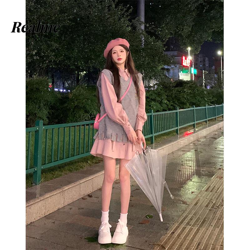 Bộ Đầm Hai Mảnh Áo Sơ Mi Màu Hồng Matcha Xám Kim Cương Phong Cách Mùa Thu