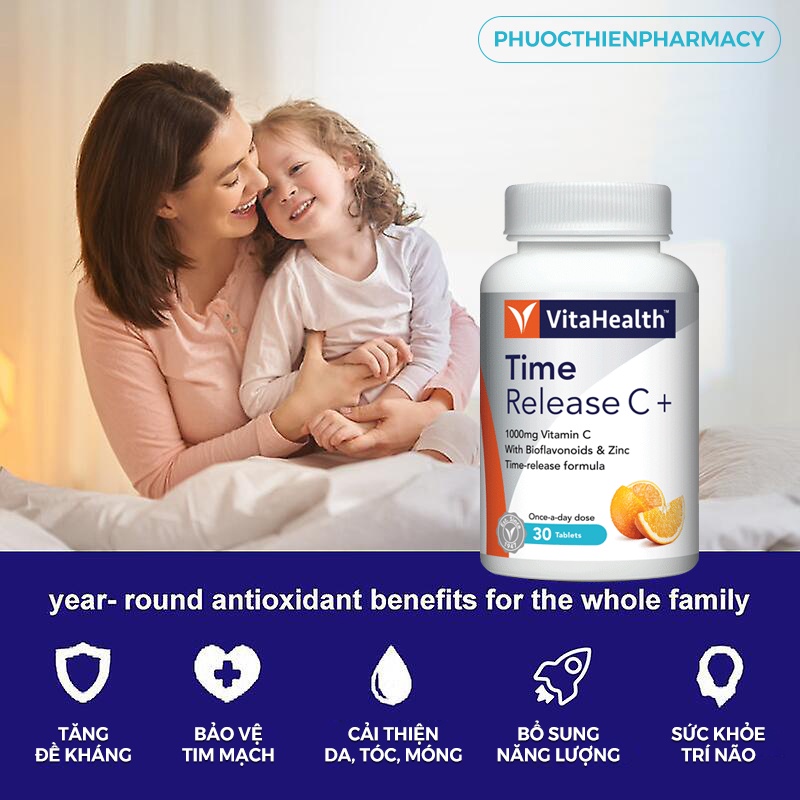 Viên uống bổ sung vitamin C 1000mg giúp tăng đề kháng Vitahealth Time Release C 1000 lọ 30 Viên