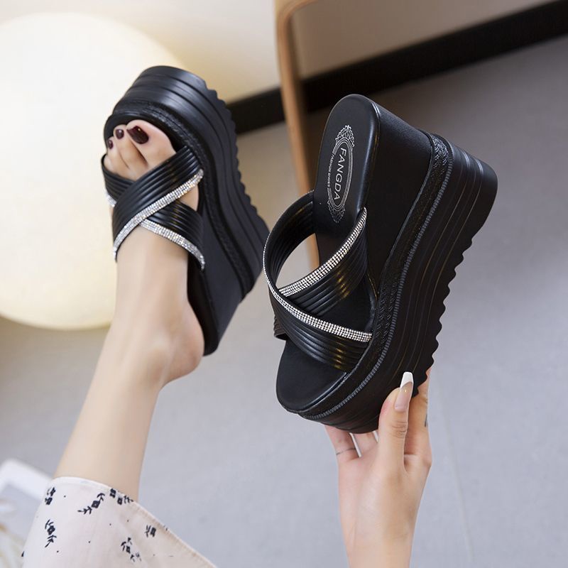 Dép Đế Xuồng 12cm Đính Đá Màu Trắng Phong Cách Mới Mùa Hè Cho Nữ