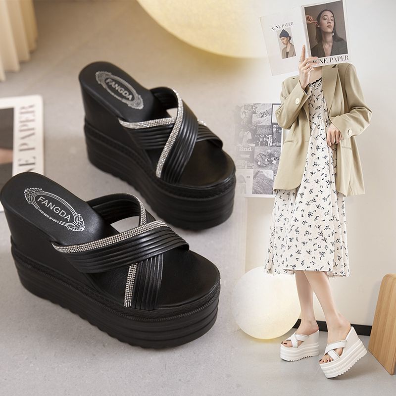 Dép Đế Xuồng 12cm Đính Đá Màu Trắng Phong Cách Mới Mùa Hè Cho Nữ