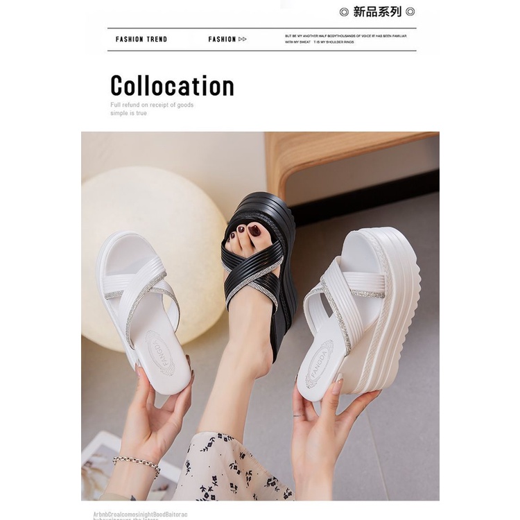 Dép Đế Xuồng 12cm Đính Đá Màu Trắng Phong Cách Mới Mùa Hè Cho Nữ