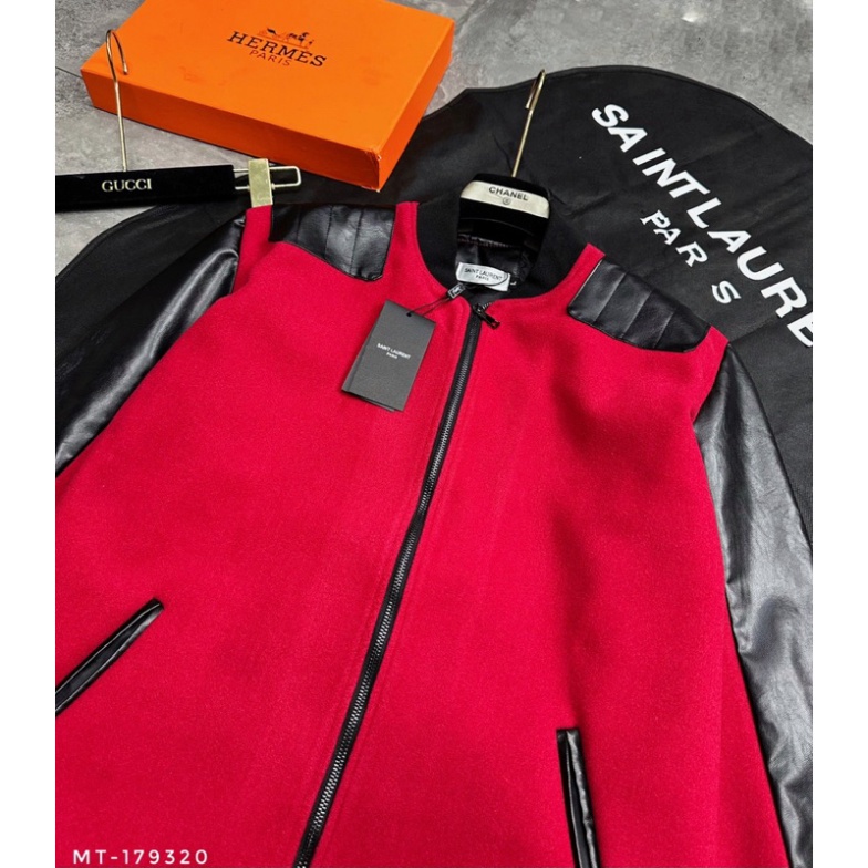 Áo khoác teddy đỏ phối tay vai da màu đen,áo khoác bomber teddy đỏ phối vai viền đen bản vải dạ thời thượng MẪU HOT 2023