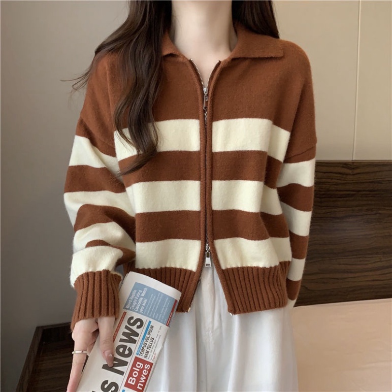 Áo Khoác Cardigan Dệt Kim Cổ Polo Tay Dài Có Dây Kéo Phối Màu Tương Phản Hàng Mới