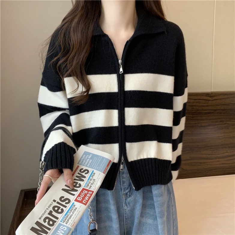 Áo Khoác Cardigan Dệt Kim Cổ Polo Tay Dài Có Dây Kéo Phối Màu Tương Phản Hàng Mới