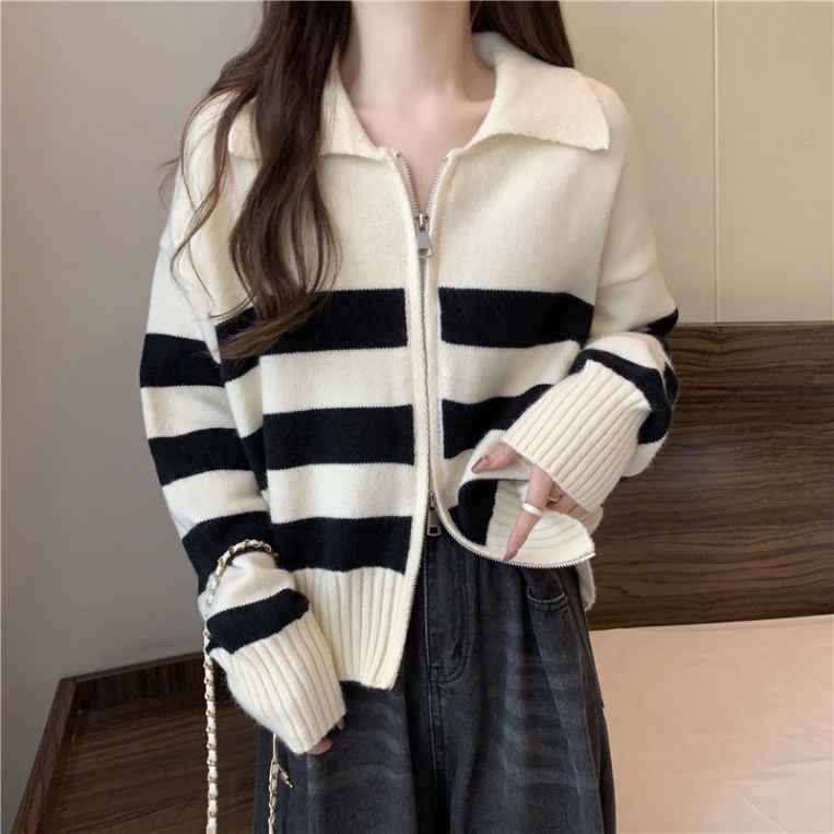 Áo Khoác Cardigan Dệt Kim Cổ Polo Tay Dài Có Dây Kéo Phối Màu Tương Phản Hàng Mới