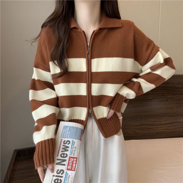 Áo Khoác Cardigan Dệt Kim Cổ Polo Tay Dài Có Dây Kéo Phối Màu Tương Phản Hàng Mới