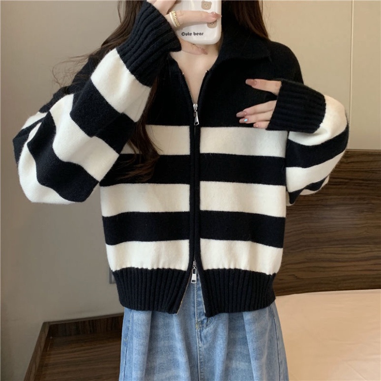 Áo Khoác Cardigan Dệt Kim Cổ Polo Tay Dài Có Dây Kéo Phối Màu Tương Phản Hàng Mới