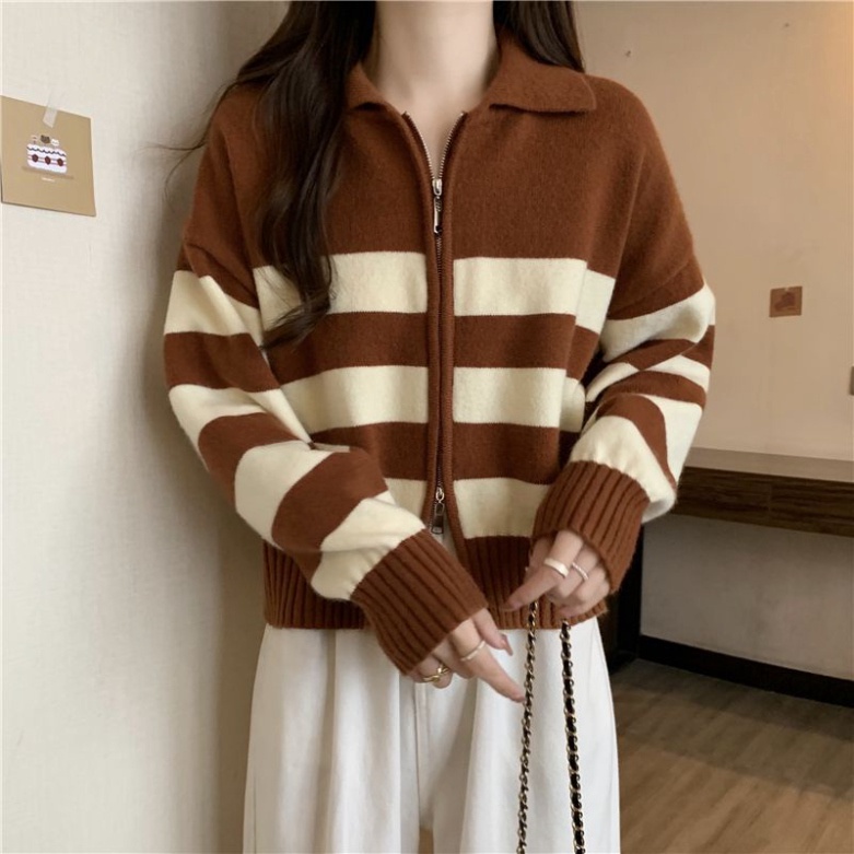 Áo Khoác Cardigan Dệt Kim Cổ Polo Tay Dài Có Dây Kéo Phối Màu Tương Phản Hàng Mới