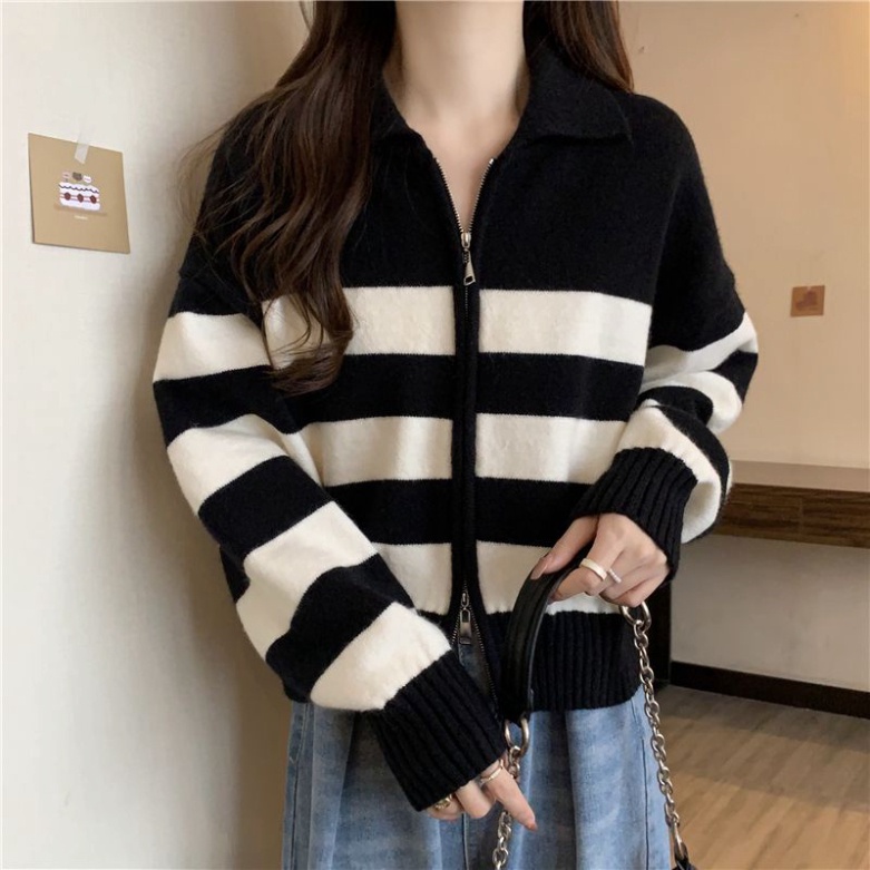 Áo Khoác Cardigan Dệt Kim Cổ Polo Tay Dài Có Dây Kéo Phối Màu Tương Phản Hàng Mới