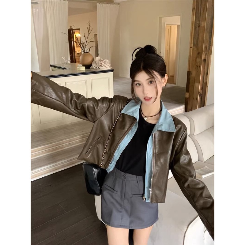 Long -sleeved leather jacket with contrasting autumn fashion 2023 for women
