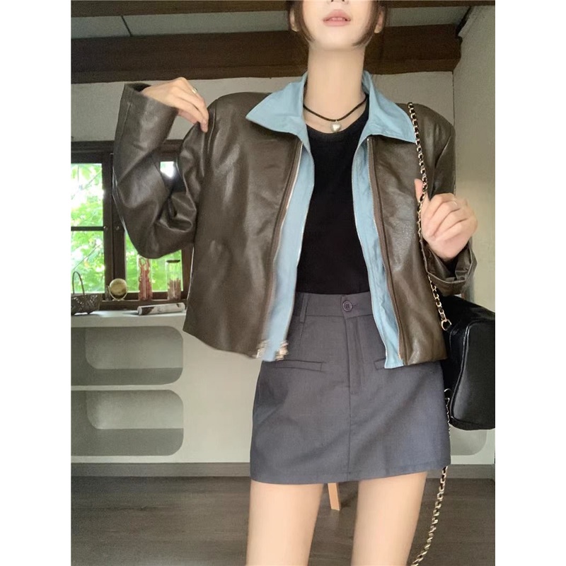Long -sleeved leather jacket with contrasting autumn fashion 2023 for women