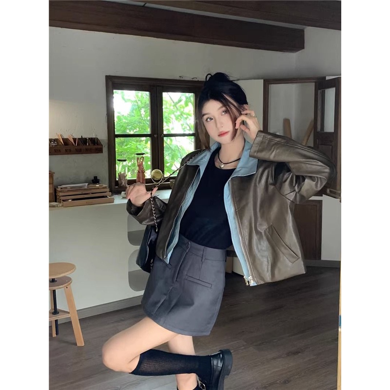 Long -sleeved leather jacket with contrasting autumn fashion 2023 for women