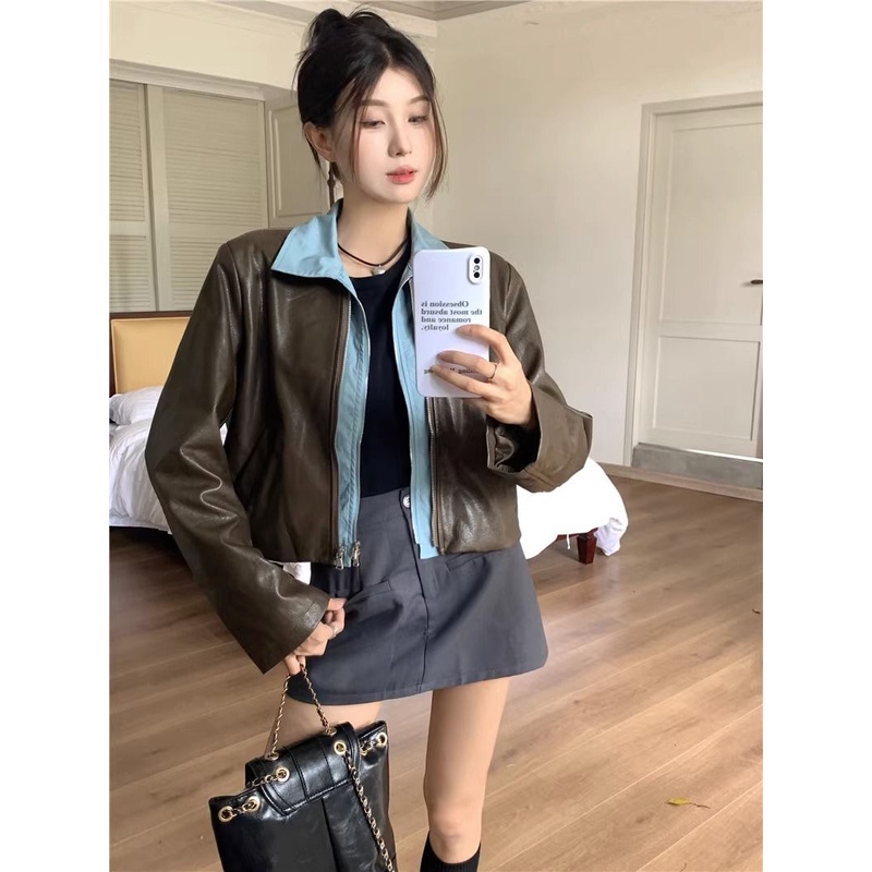 Long -sleeved leather jacket with contrasting autumn fashion 2023 for women