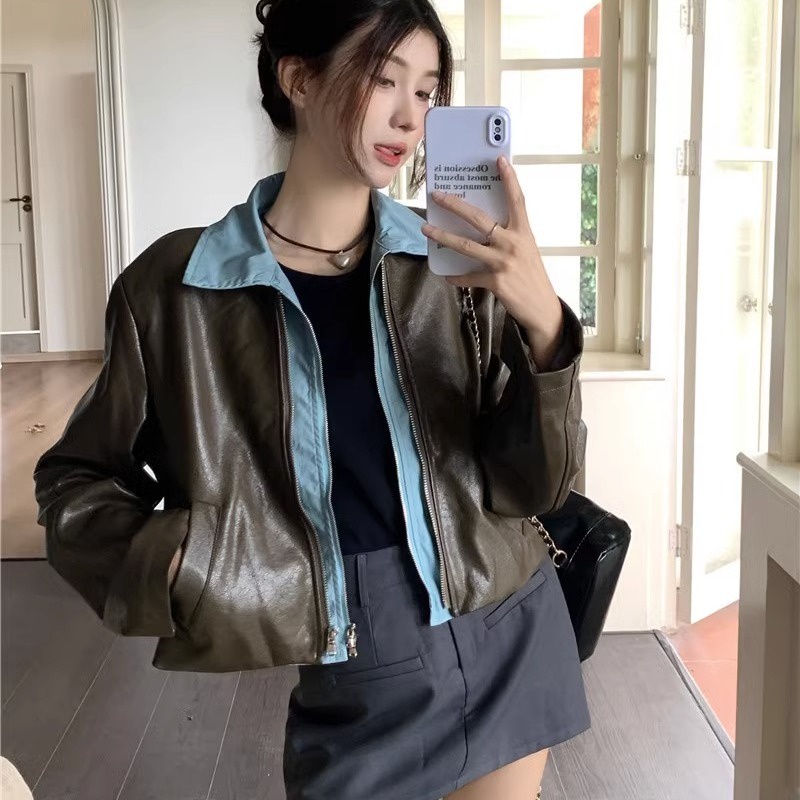 Long -sleeved leather jacket with contrasting autumn fashion 2023 for women