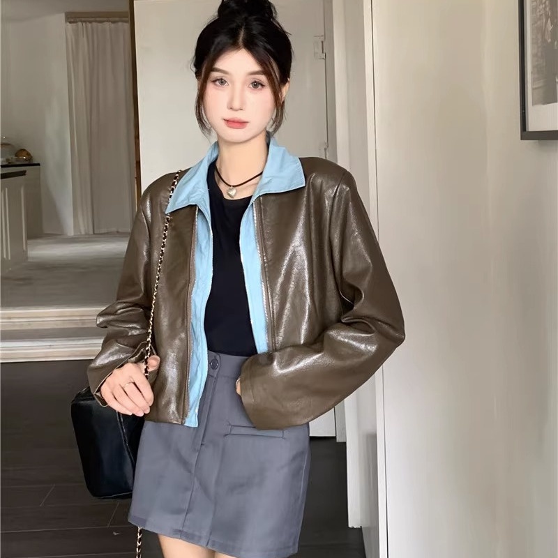 Long -sleeved leather jacket with contrasting autumn fashion 2023 for women
