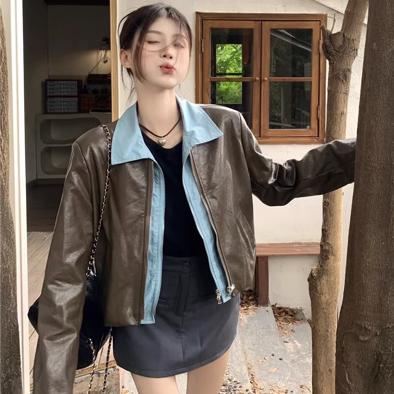 Long -sleeved leather jacket with contrasting autumn fashion 2023 for women