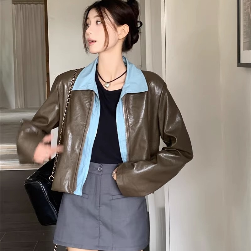 Long -sleeved leather jacket with contrasting autumn fashion 2023 for women