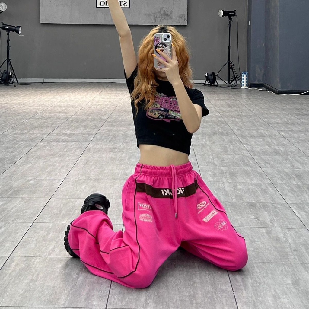 Quần Thể Thao Ống Rộng Lưng Cao Màu Sắc Bắt Mắt Phong Cách hip hop