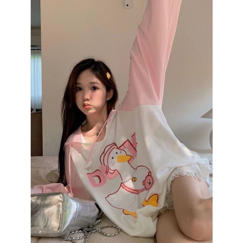 Jiashucheng Áo Thun Tay Dài Chống Nắng Dáng Rộng In Họa Tiết Hoạt Hình Thời Trang Mùa Thu Cho Nữ