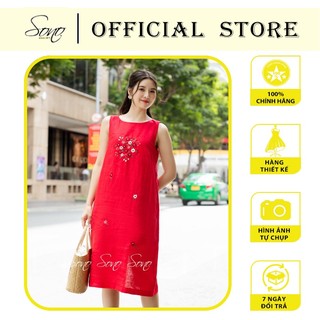 SONO - Đầm chất liệu linen sát nách họa tiết thêu hoa nhí ở ngực-nút gỗ sau trẻ trung