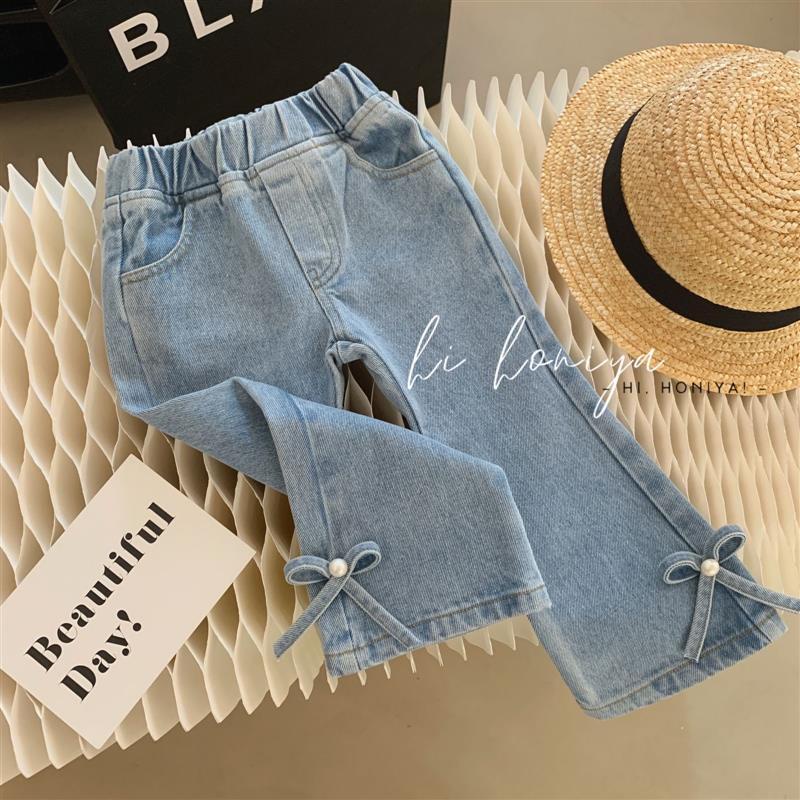 Xinxin ~ Quần Jean Ống Loe denim Siêu Mềm Đính Nơ Ngọc Trai Phong Cách Xuân Thu 2023 Mới Cho Bé Gái