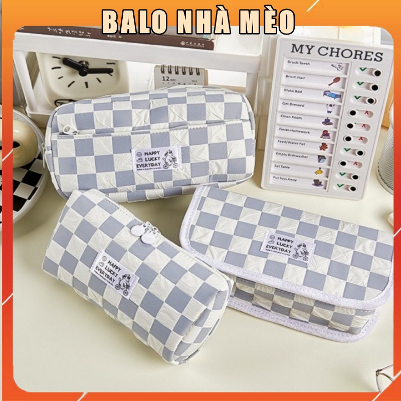 Túi đựng bút, đựng mĩ phẩm Happy Lucky kẻ caro - Hàng có sẵn -