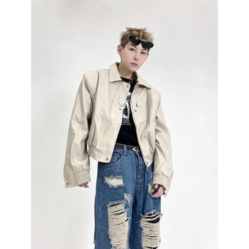Áo Khoác Da Dáng Rộng Ngắn Phối Kim Loại Thời Trang Mùa Thu Cao Cấp Cho Nam