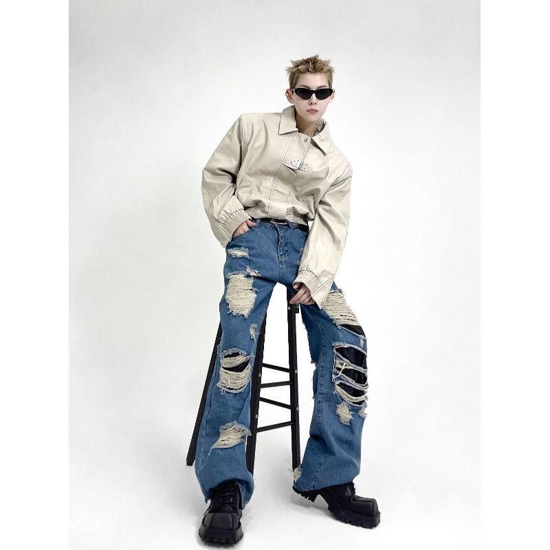 Áo Khoác Da Dáng Rộng Ngắn Phối Kim Loại Thời Trang Mùa Thu Cao Cấp Cho Nam