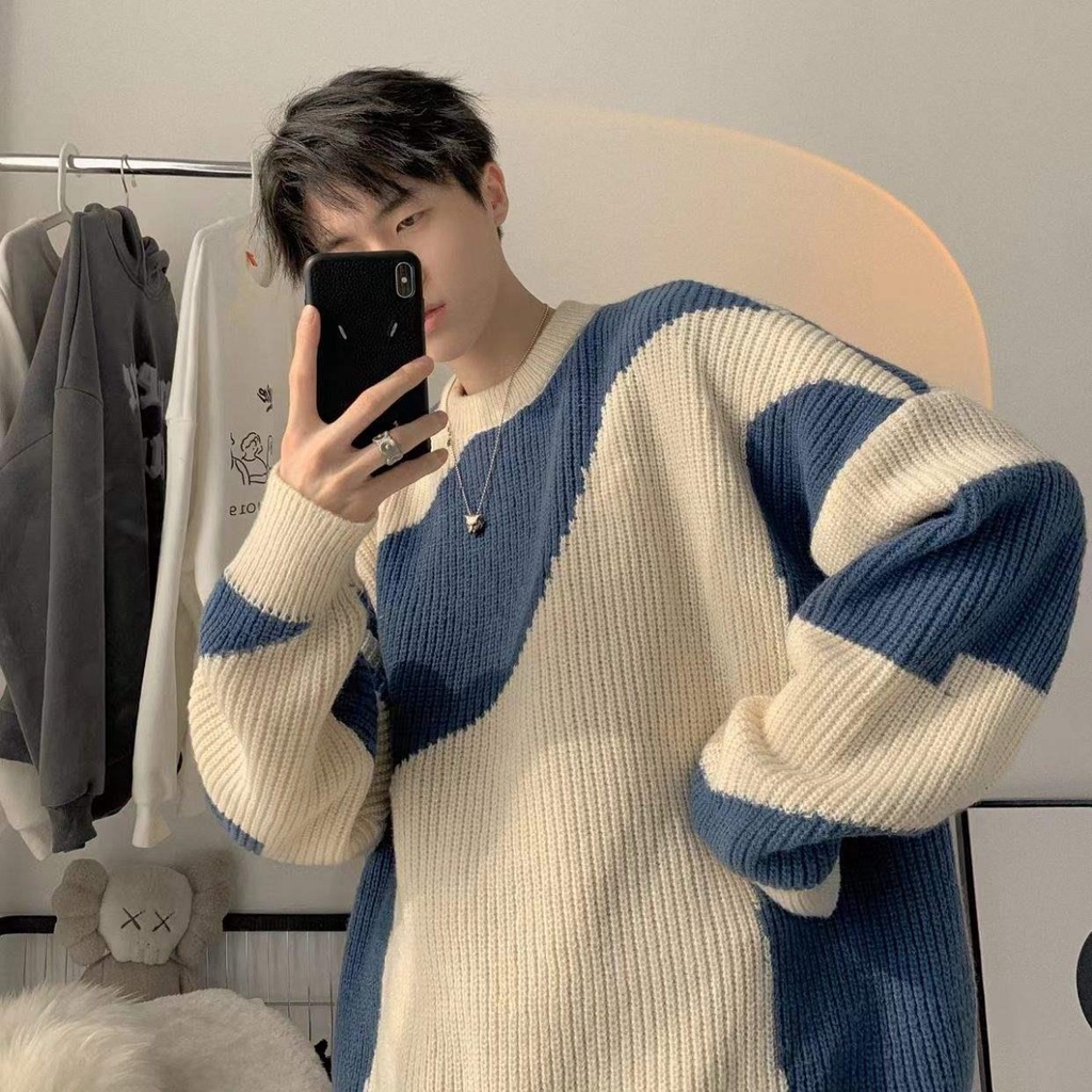 Áo Khoác sweater Dáng Rộng Ấm Áp Màu Sắc Tương Phản Thời Trang Cho Nam Giới