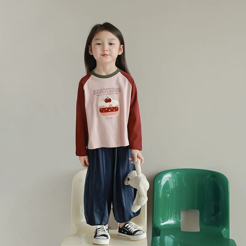 Xinxin ~ Áo Thun raglan Tay Dài Dáng Rộng Thêu Họa Tiết Dễ Thương Thời Trang Mùa Thu 2023 Phong Cách Hàn Quốc Cho Bé Gái