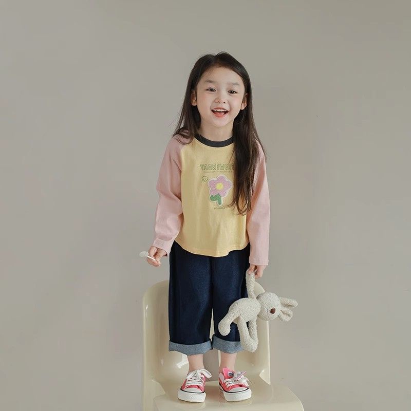 Xinxin ~ Áo Thun raglan Tay Dài Dáng Rộng Thêu Họa Tiết Dễ Thương Thời Trang Mùa Thu 2023 Phong Cách Hàn Quốc Cho Bé Gái