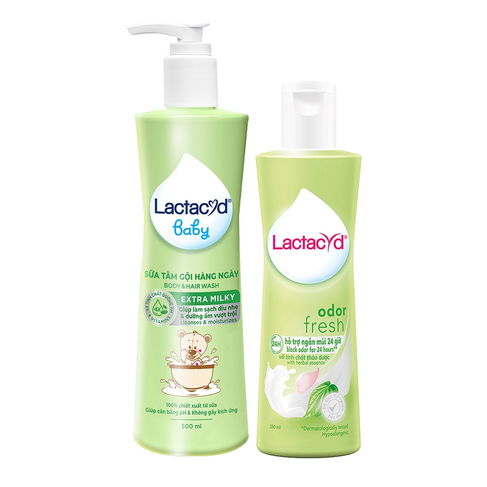 Bộ Dung Dịch Vệ Sinh Phụ Nữ Lactacyd Odor Fresh Ngăn Mùi 24H 250ml + Sữa Tắm Gội Trẻ em Lactacyd Baby Extra Milky 500ml