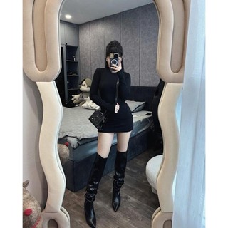 Đầm xòe dài tay dáng midi - Váy dài tay body dáng xòe chất thun tăm co dãn