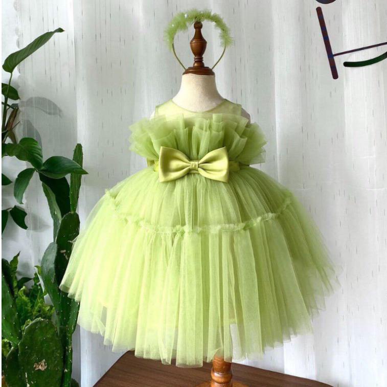 Váy Xếp Ngực Nơ Eo Xinh Xắn Cho Bé, Tặng Kèm Bờm Xinh Xắn