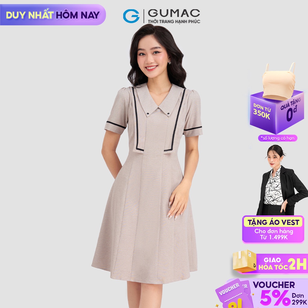 Đầm nữ dáng xòe chạy viền phối nút thanh lịch GUMAC DD03017