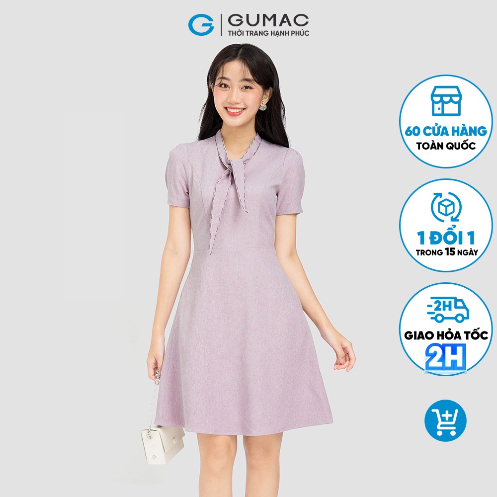 Đầm Phối Chỉ Thắt Nơ Thời Trang Gumac DC08038 Form Chữ A Màu Tím