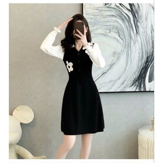 Đầm len hoa cổ sơ mi tay dài cao cấp