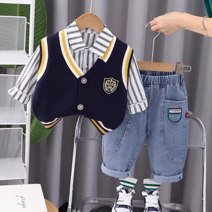 Bộ quần áo sơ mi kèm cardigan 3 chi tiết cho bé trai size đại 10-30kg Đồ bộ trẻ em dài tay mặc thu đông Kittenbabyshop