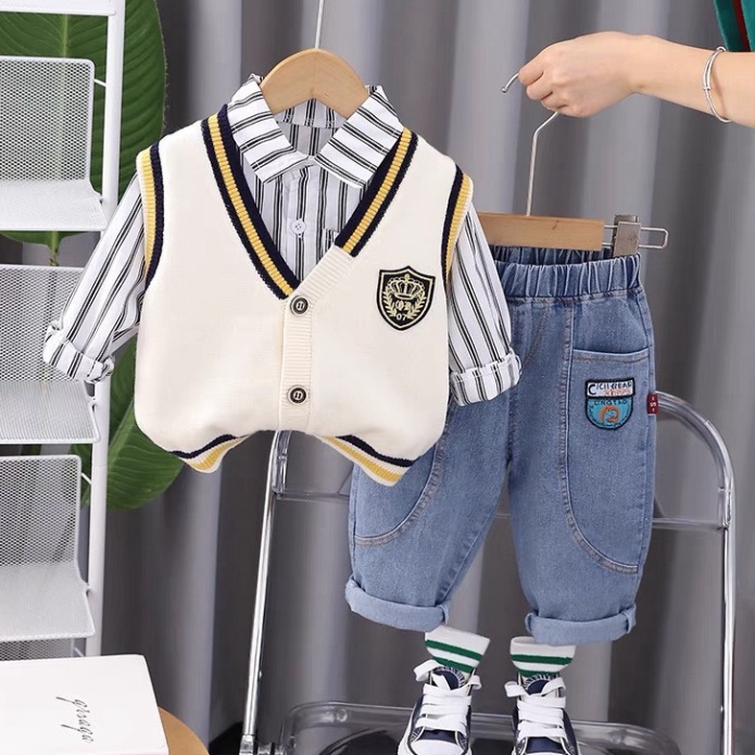 Bộ quần áo sơ mi kèm cardigan 3 chi tiết cho bé trai size đại 10-30kg Đồ bộ trẻ em dài tay mặc thu đông Kittenbabyshop