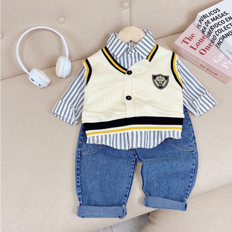 Bộ quần áo sơ mi kèm cardigan 3 chi tiết cho bé trai size đại 10-30kg Đồ bộ trẻ em dài tay mặc thu đông Kittenbabyshop