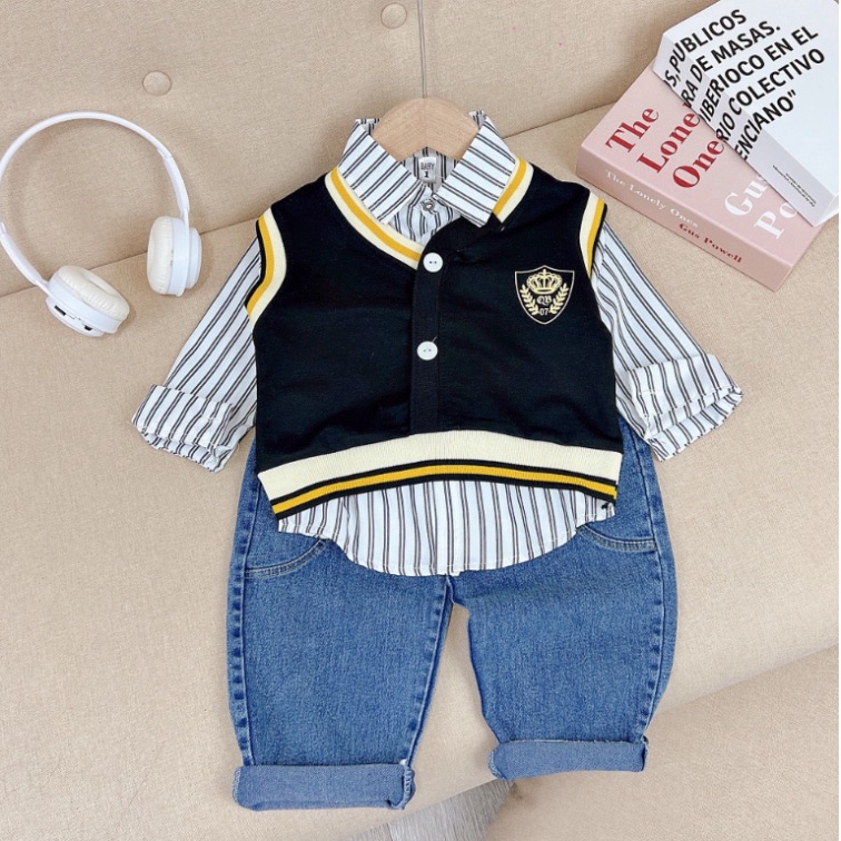 Bộ quần áo sơ mi kèm cardigan 3 chi tiết cho bé trai size đại 10-30kg Đồ bộ trẻ em dài tay mặc thu đông Kittenbabyshop